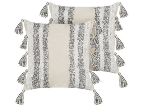 Decorative Cushions White and Grey Cotton 45 x 45 cm With Tassels Striped Pattern Beliani