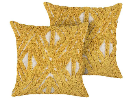 Scatter Cushions Yellow Cotton Slub 45 x 45 cm Geometric Pattern Tufted Embroidered Removable Covers with Filling Boho Style Beliani