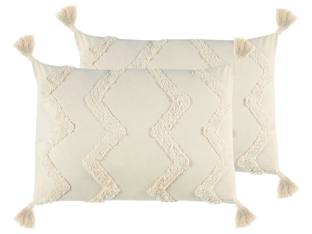 Decorative Cushion Beige Cotton 40 x 60 cm With Tassels Boho Chevron Pattern Beliani
