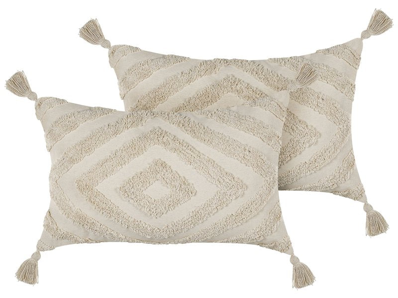 Decorative Cushion Beige Cotton 40 x 60 cm With Tassels Boho Geometric Pattern Handmade Accent Piece Beliani