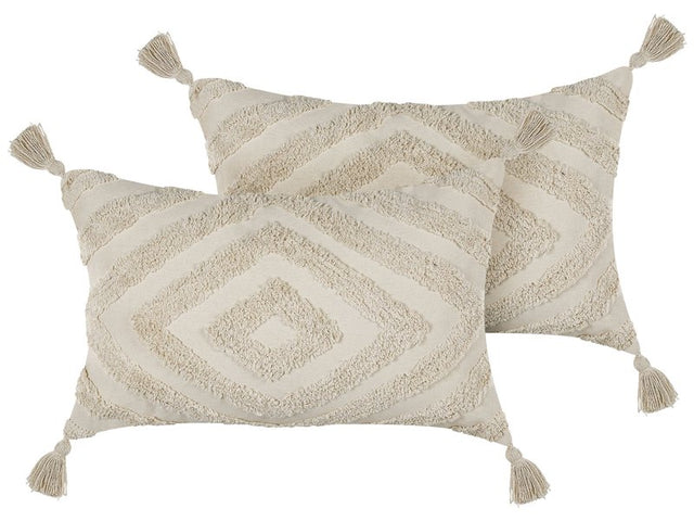 Decorative Cushion Beige Cotton 40 x 60 cm With Tassels Boho Geometric Pattern Handmade Accent Piece Beliani