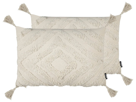 Decorative Cushion Beige Cotton 40 x 60 cm With Tassels Boho Geometric Pattern Handmade Accent Piece Beliani