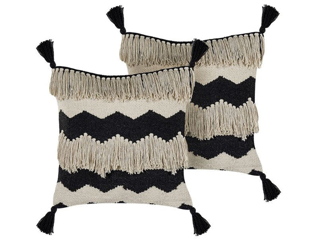 Decorative Cushions Beige and Black Cotton 40 x 60 cm With Tassels Boho Geometric Pattern Handmade Accent Piece Beliani