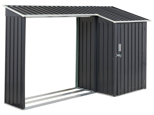 Garden Shed Grey Galvanized Steel with Roofed Log Store Waterproof Outdoor Storage Beliani