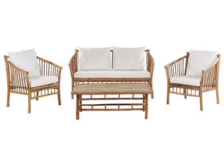 Garden Sofa Set Bamboo Wood White Cushions 4 Seater Modern Design Outdoor Conversation Set Beliani