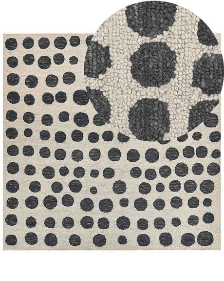 Area Rug Beige and Black Wool 200 x 200  cm Hand Tufted Spotted Pattern Boho Living Room Bedroom Beliani