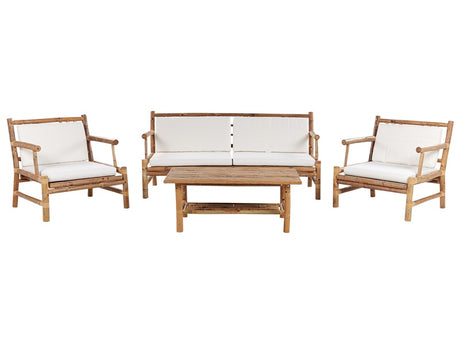 Garden Sofa Set Bamboo Wood White Cushions 4 Seater Modern Design Outdoor Conversation Set Beliani