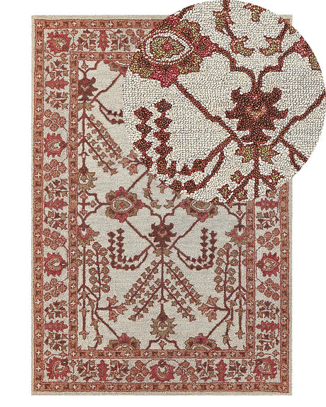 Area Rug Orange and Beig Wool 140 x 200 cm Hand Tufted Oriental Pattern Boho Living Room Bedroom Beliani