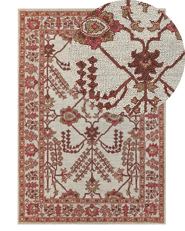 Area Rug Orange and Beig Wool 140 x 200 cm Hand Tufted Oriental Pattern Boho Living Room Bedroom Beliani