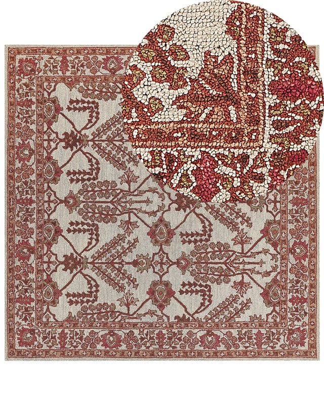 Area Rug Orange and Beig Wool 200 x 200 cm Hand Tufted Oriental Pattern Boho Living Room Bedroom Beliani