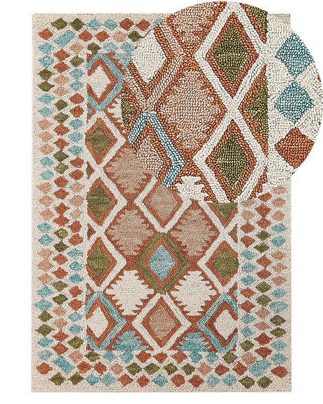 Area Rug Multicolour Wool 140 x 200 cm Hand Tufted Geometric  Pattern Boho Living Room Bedroom Beliani
