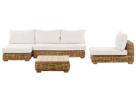 Garden Conversation Set Brown Rattan White Cushions Right Hand Outdoor Sofa Set with Coffee Table Beliani