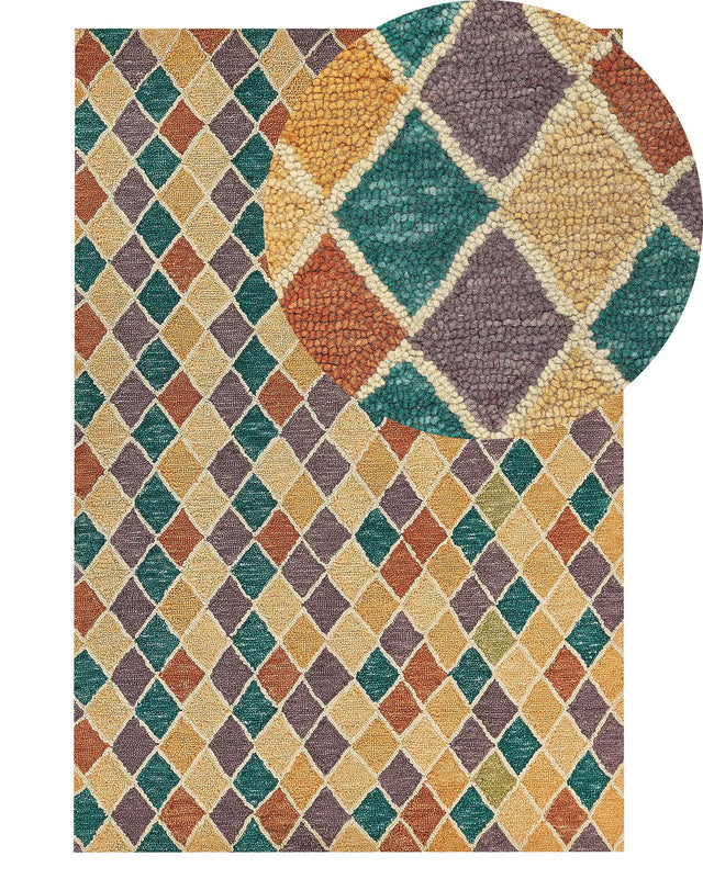 Area Rug Mulitcolour Wool 140 x 200 cm Flat Weave Hand Tufted Geometric Pattern Beliani