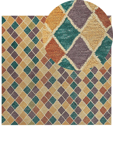 Area Rug Mulitcolour Wool 200 x 200 cm Flat Weave Hand Tufted Geometric Pattern Beliani
