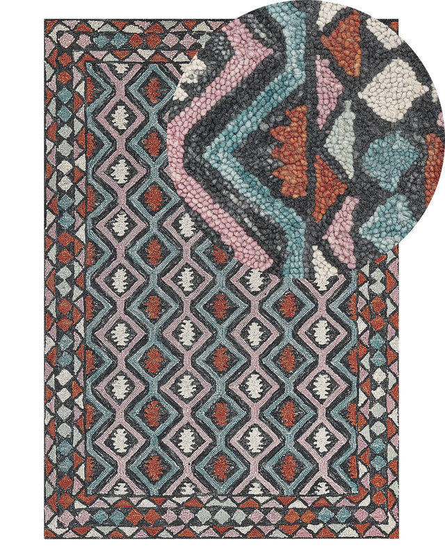 Area Rug Mulitcolour Wool 140 x 200 cm Flat Weave Hand Tufted Geometric Pattern Beliani