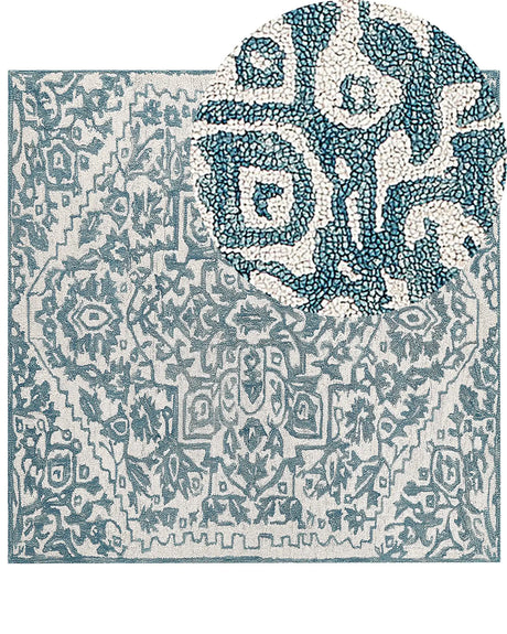 Area Rug White Blue Wool 200 x 200 cm Flat Weave Hand Tufted Oriental Pattern Beliani
