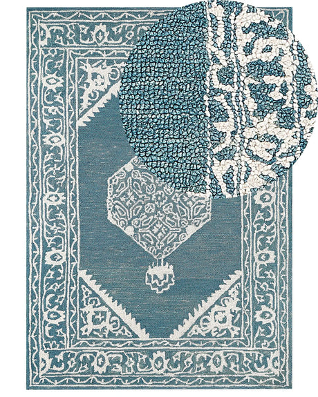 Area Rug White Blue Wool 160 x 230 cm Flat Weave Hand Tufted Oriental Pattern Beliani