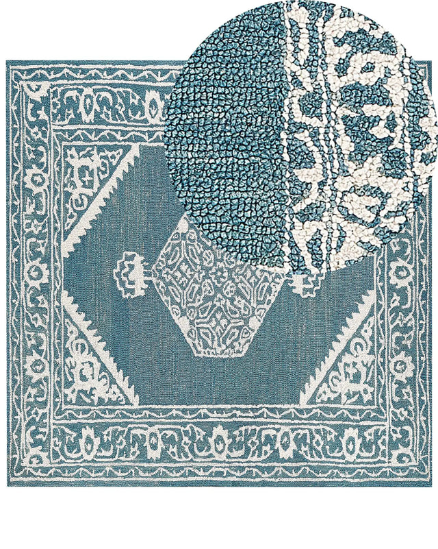 Area Rug White Blue Wool 200 x 200 cm Flat Weave Hand Tufted Oriental Pattern Beliani