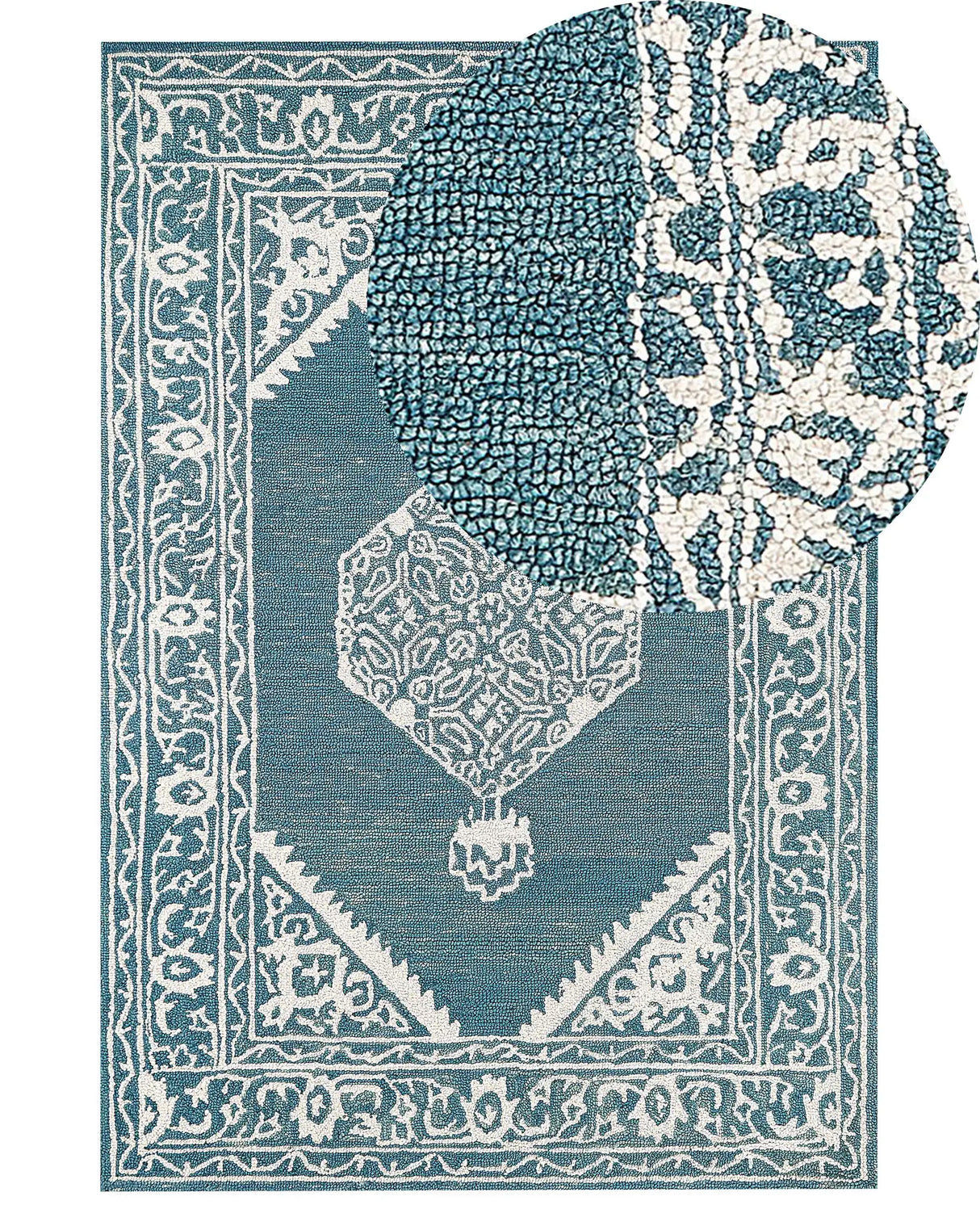 Area Rug White Blue Wool 140 x 200 cm Flat Weave Hand Tufted Oriental Pattern Beliani