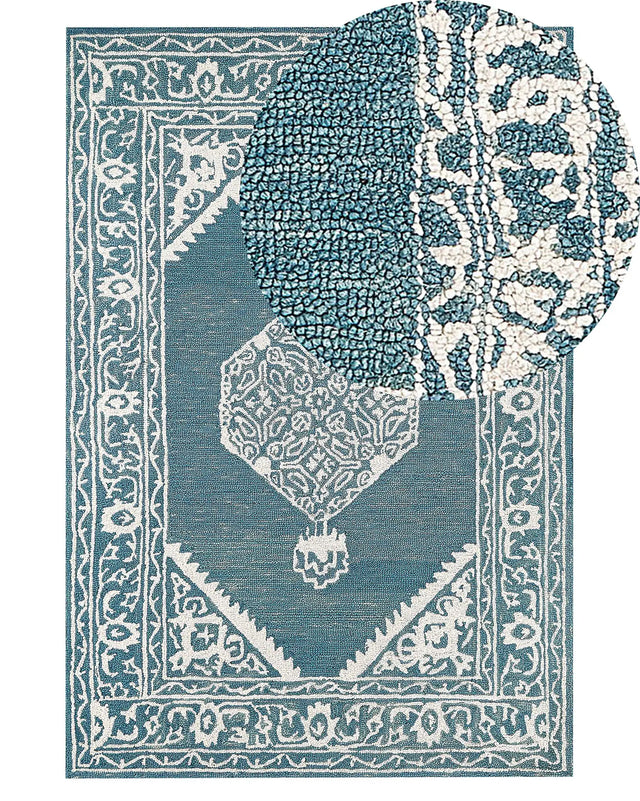 Area Rug White Blue Wool 140 x 200 cm Flat Weave Hand Tufted Oriental Pattern Beliani