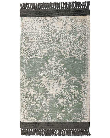 Area Rug Green and Beige Viscose with Cotton Backing with Fringes 80 x 150 cm Style Vintage Distressed Pattern Beliani