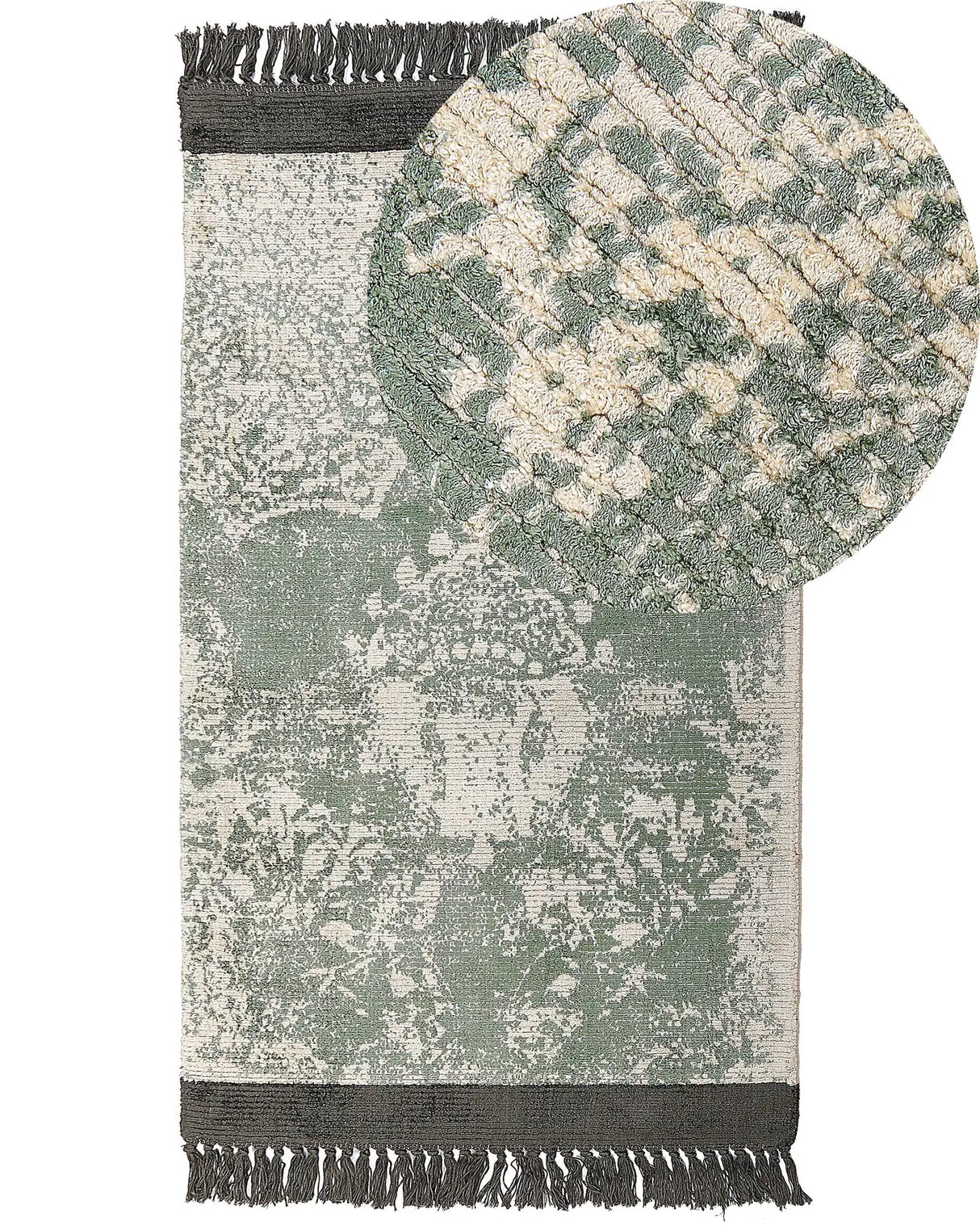 Area Rug Green and Beige Viscose with Cotton Backing with Fringes 80 x 150 cm Style Vintage Distressed Pattern Beliani
