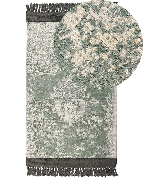 Area Rug Green and Beige Viscose with Cotton Backing with Fringes 80 x 150 cm Style Vintage Distressed Pattern Beliani