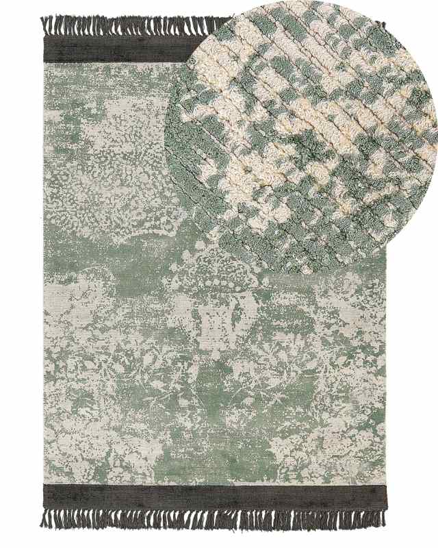 Area Rug Green and Beige Viscose with Cotton Backing with Fringes 140 x 200 cm Style Vintage Distressed Pattern Beliani