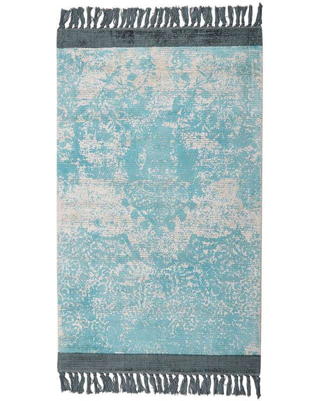 Area Rug Blue and Beige Viscose with Cotton Backing with Fringes 80 x 150 cm Style Vintage Distressed Pattern Beliani