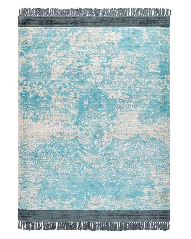 Area Rug Blue and Beige Viscose with Cotton Backing with Fringes 140 x 200 cm Style Vintage Distressed Pattern Beliani