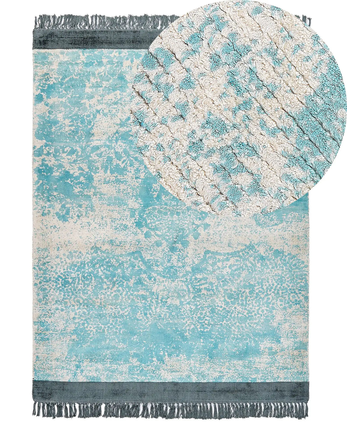 Area Rug Blue and Beige Viscose with Cotton Backing with Fringes 140 x 200 cm Style Vintage Distressed Pattern Beliani
