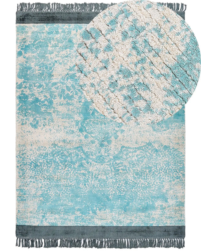 Area Rug Blue and Beige Viscose with Cotton Backing with Fringes 160 x 230 cm Style Vintage Distressed Pattern Beliani