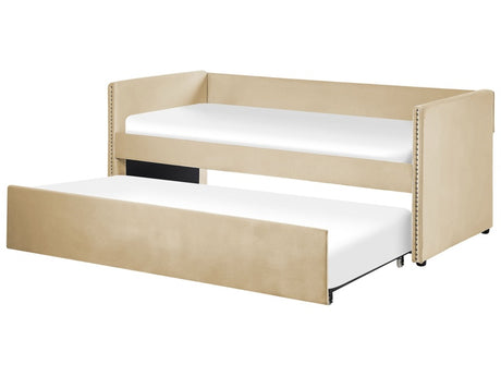 Trundle Bed Beige Velvet EU Single Wooden Slats Daybed Glamour Decorative Studs Beliani