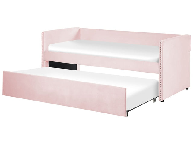 Trundle Bed Light Pink Velvet EU Single Wooden Slats Daybed Glamour Decorative Studs Beliani