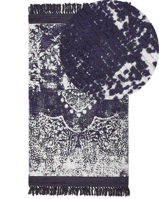 Area Rug Violet and White Viscose with Cotton Backing with Fringes 80 x 150 cm Style Vintage Distressed Pattern Beliani