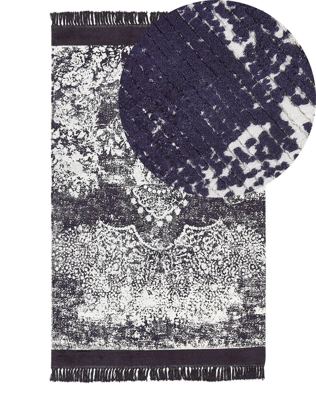 Area Rug Violet and White Viscose with Cotton Backing with Fringes 140 x 200 cm Style Vintage Distressed Pattern Beliani