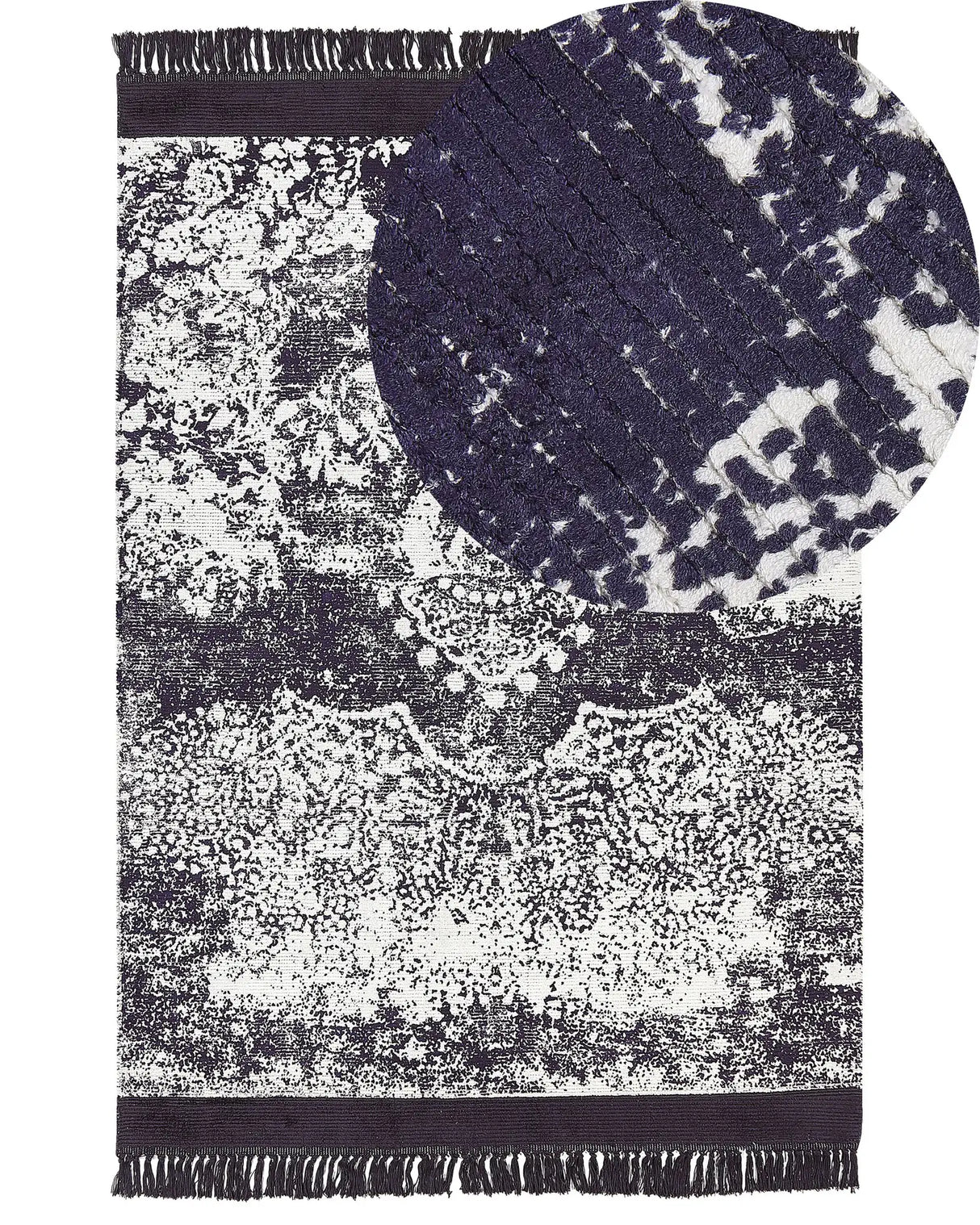 Area Rug Violet and White Viscose with Cotton Backing with Fringes 160 x 230 cm Style Vintage Distressed Pattern Beliani