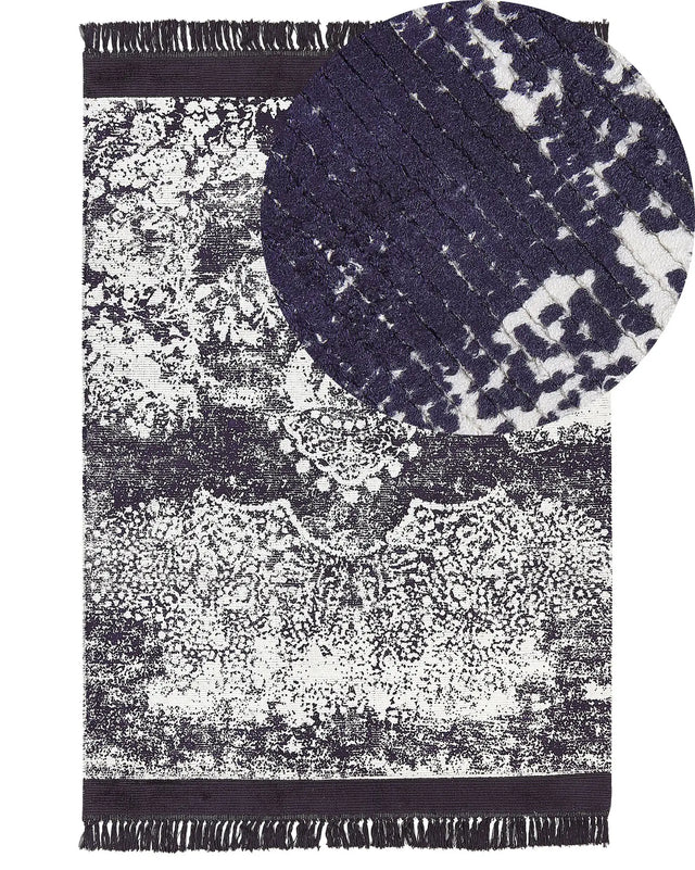 Area Rug Violet and White Viscose with Cotton Backing with Fringes 160 x 230 cm Style Vintage Distressed Pattern Beliani