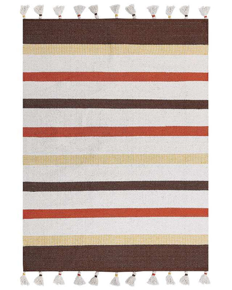 Area Rag Rug Brown and Beige Stripes Cotton 140 x 200 cm Rectangular Hand Woven Beliani