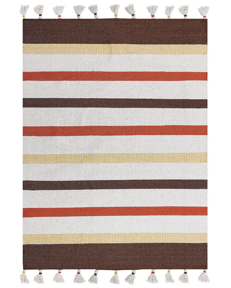 Area Rag Rug Brown and Beige Stripes Cotton 140 x 200 cm Rectangular Hand Woven Beliani