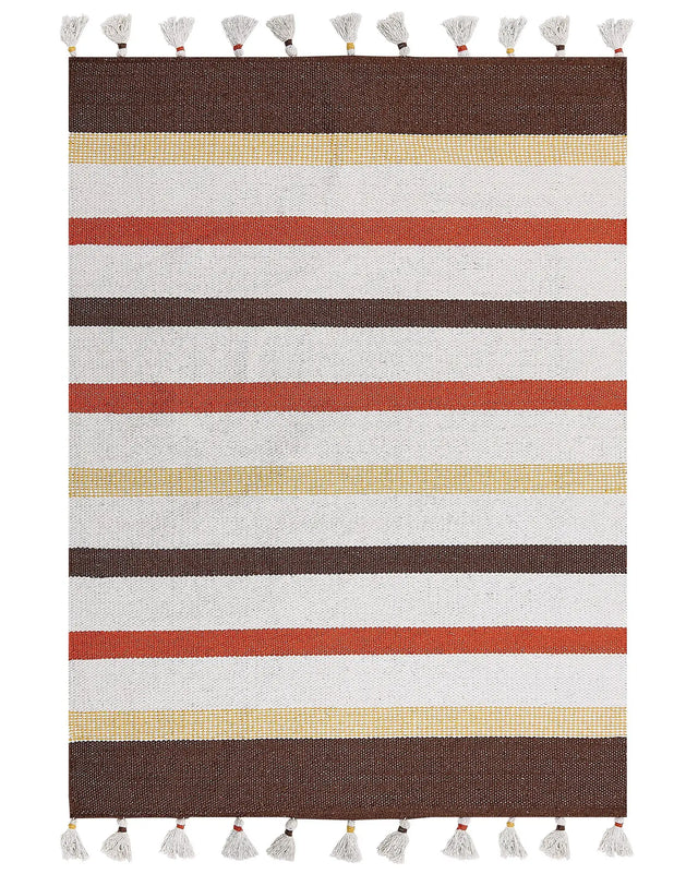 Area Rag Rug Brown and Beige Stripes Cotton 140 x 200 cm Rectangular Hand Woven Beliani
