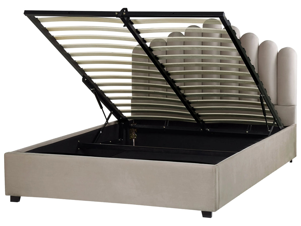 Storage Bed Taupe Velvet EU King Size 5ft3 Sea Shell Headboard Slatted Base 160 x 200 cm Beliani