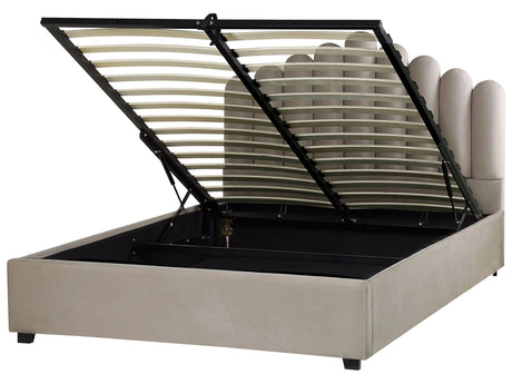 Storage Bed Taupe Velvet EU King Size 5ft3 Sea Shell Headboard Slatted Base 160 x 200 cm Beliani