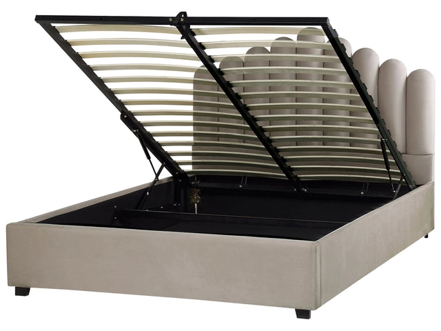 Storage Bed Taupe Velvet EU King Size 5ft3 Sea Shell Headboard Slatted Base 160 x 200 cm Beliani