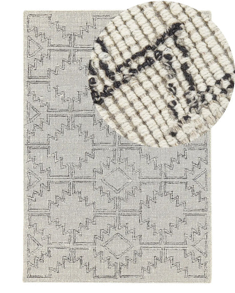 Area Rug Beige and Black Wool 140 x 200 cm Hand Tufted Geometric  Pattern Boho Living Room Bedroom Beliani