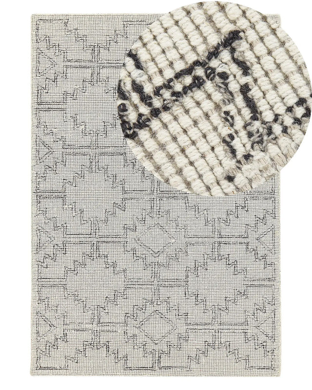 Area Rug Beige and Black Wool 140 x 200 cm Hand Tufted Geometric  Pattern Boho Living Room Bedroom Beliani