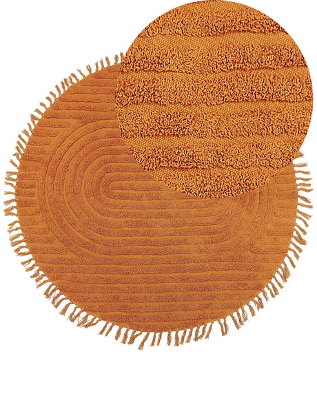 Round Area Rug Orange Cotton  140 cm Tufted with Fringe Pattern Boho Living Room Bedroom Beliani