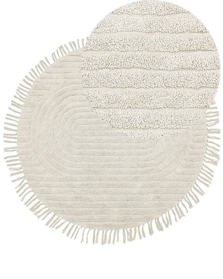 Round Area Rug Beige Cotton  140 cm Tufted with Fringe Pattern Boho Living Room Bedroom Beliani