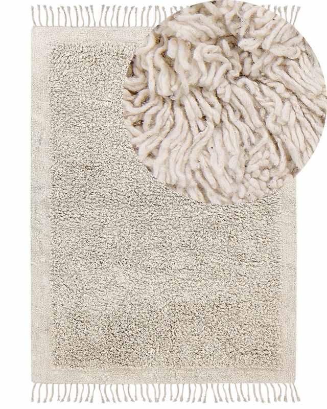 Area Rug Light Beige Cotton 140 x 200 cm Shaggy Rectangular with Tassels Boho Style Beliani