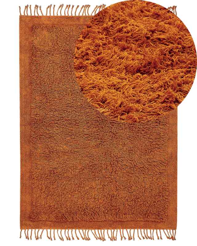 Area Rug Orange Cotton 140 x 200 cm Shaggy Rectangular with Tassels Boho Style Beliani